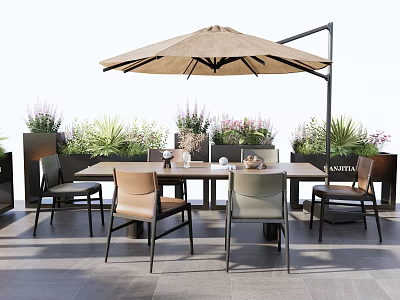 Outdoor Table And Chair Set With Umbrella Surrounded By Plants And Flowers On Gray Flooring 3d model