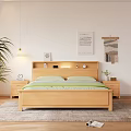 Wooden Double Bed with Green White Bedding Nightstands Wall Art Woven Decor and Natural Light