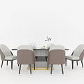 Elegant Modern Dining Table Set With Rectangular Tabletop Gray Upholstered Chairs And Gold Legs 3d model