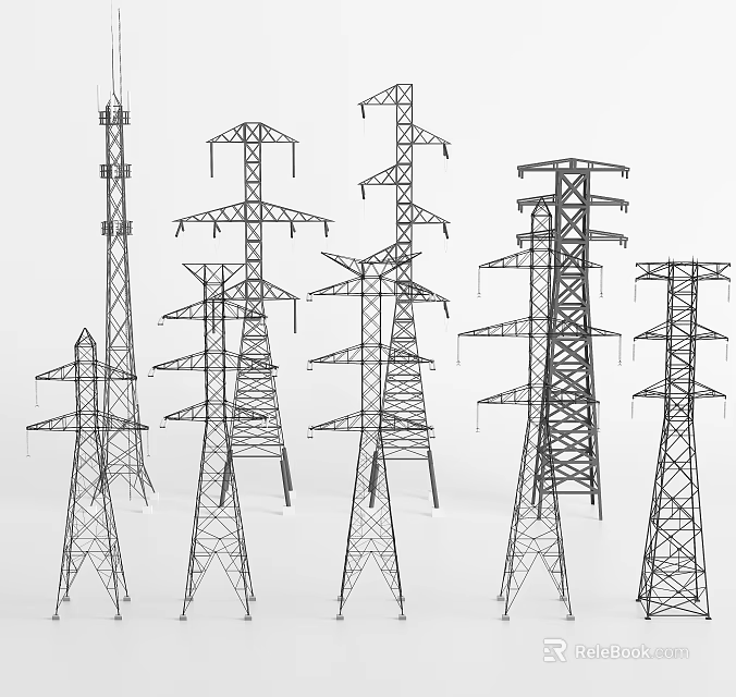 Various Design High Voltage Electricity Transmission Towers Industrial Equipment Structures 3d model 