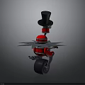 Red Mechanical Character With Black Top Hat And Blade Structure On Wheels
