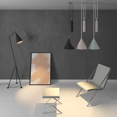 Light Beige Leisure Chair In Modern Interior With Gray Wall Floor Lamp And Pendant Lights 3d model