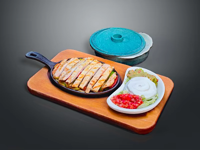 Delicious Sliced Chicken In Black Frying Pan With Side Dishes And Sauces On Wooden Tray 3d model