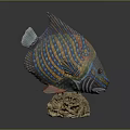 Vibrant Colorful Fish Sculpture With Blue Yellow Orange Stripes On Honeycomb Base