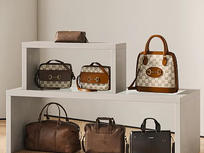 Assorted Fashion Bags Displayed In Different Styles On White Shelves 3d model