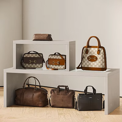 Assorted Fashion Bags Displayed In Different Styles On White Shelves 3d model