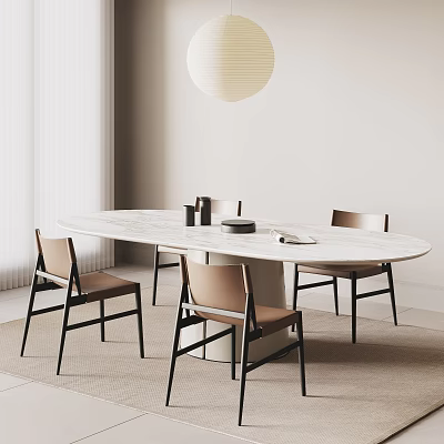 Modern Dining Table And Chairs Set With Marble Top Four Brown Chairs Pendant Light 3d model