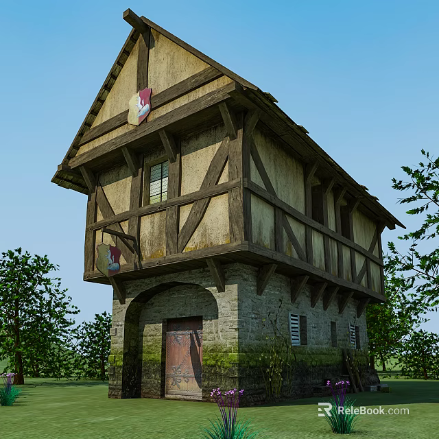 Classic Half Timbered House With Stone Base Arched Door Wooden Walls Flags And Green Trees 3d model 