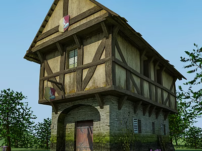 Classic Half Timbered House With Stone Base Arched Door Wooden Walls Flags And Green Trees 3d model