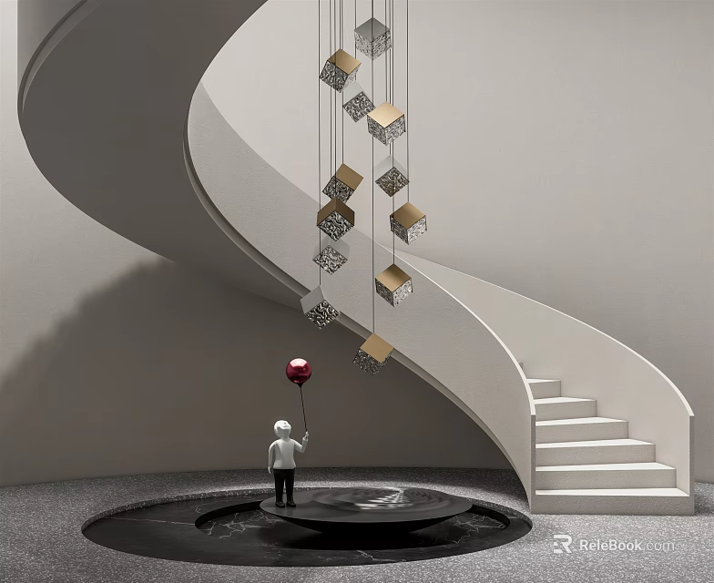 Spiral Staircase Design With Hanging Cube Decor Red Balloon Figurine Round Platform 3d model 