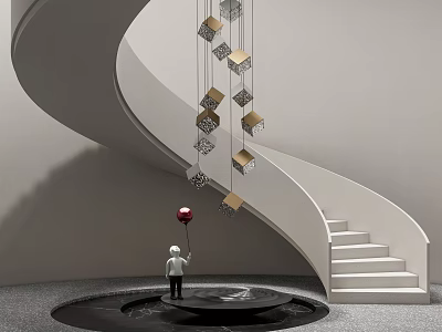Spiral Staircase Design With Hanging Cube Decor Red Balloon Figurine Round Platform 3d model