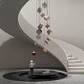Spiral Staircase Design With Hanging Cube Decor Red Balloon Figurine Round Platform 3d model