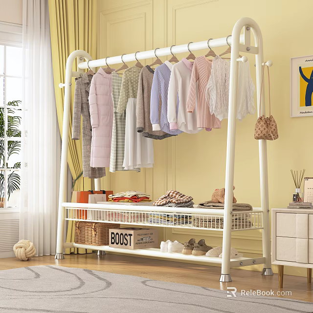 Clothing Rack with Multi Colored Hanging Clothes Lower Shelf for Folded Clothes BOOST Box Shoes 3d model 