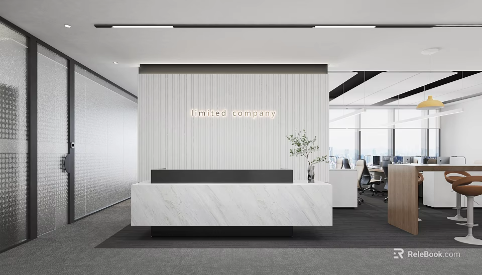 Modern Public Office Space with Marble Reception Desk Company Sign and Open Layout 3d model 