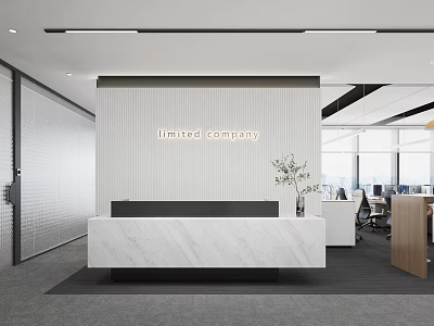 Modern Public Office Space with Marble Reception Desk Company Sign and Open Layout 3d model