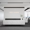 Modern Public Office Space with Marble Reception Desk Company Sign and Open Layout