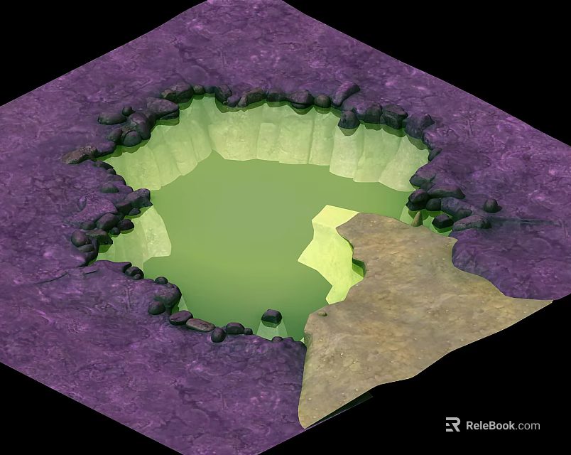 3D Model of Volcanic Crater With Green Liquid Purple Ground and Black Stones 3d model 