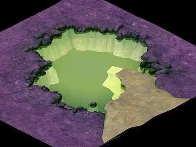 3D Model of Volcanic Crater With Green Liquid Purple Ground and Black Stones 3d model