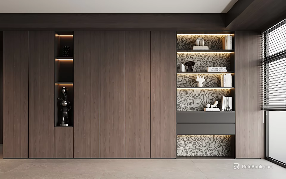 Modern Built In Wooden Bookcase With Open Shelves Books And Decor Items 3d model 