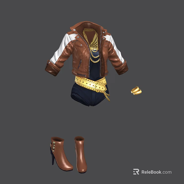 Stylish Brown And White Leather Jacket With Gold Chain Belt And Brown Boots 3d model 