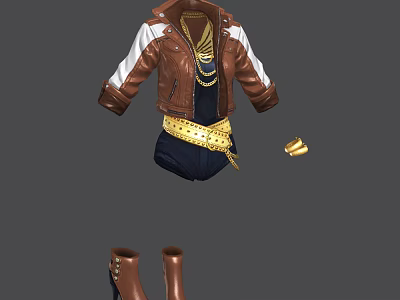 Stylish Brown And White Leather Jacket With Gold Chain Belt And Brown Boots 3d model