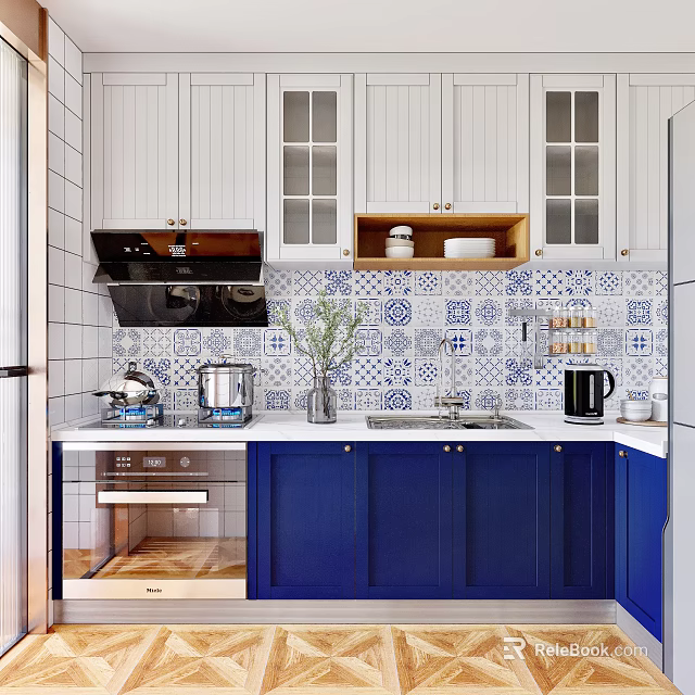 Modern Kitchen Interior With Blue White Cabinets Glass Doors Tile Backsplash And Appliances 3d model 