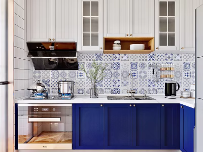 Modern Kitchen Interior With Blue White Cabinets Glass Doors Tile Backsplash And Appliances 3d model