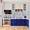 Modern Kitchen Interior With Blue White Cabinets Glass Doors Tile Backsplash And Appliances