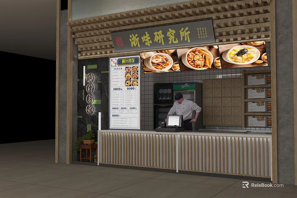 Tasty Mall Food Shop With Menu Board Food Pictures And Staff At Counter 3d model 