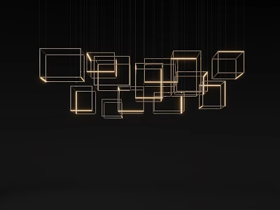 Modern Minimalist Square Pendant Lights with Golden Frames Warm Light Staggered Hanging on Black Background 3d model