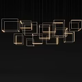 Modern Minimalist Square Pendant Lights with Golden Frames Warm Light Staggered Hanging on Black Background