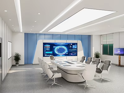 Modern Conference Room Featuring Large Display Screen Data Charts White Chairs Round Table Blue Walls 3d model