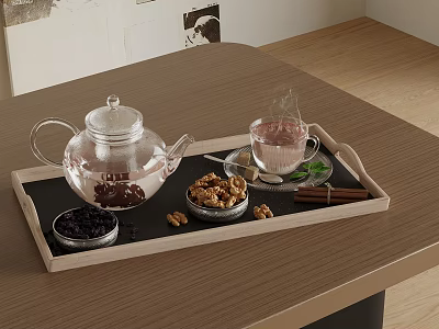 Elegant Glass Teaset with Transparent Teapot on Wooden Tray Including Hot Tea Nuts and Spices 3d model
