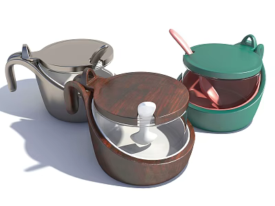 Stylish Kitchenware Containers With Metal Wooden Green Lids And Pink Spoon 3d model