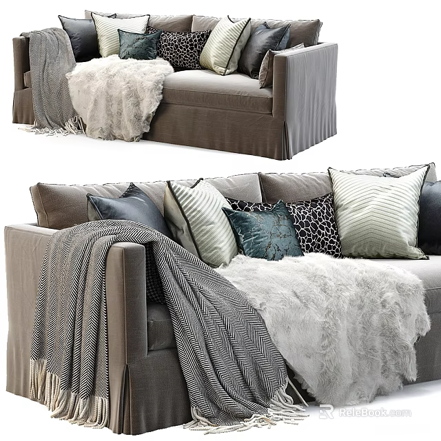 Cozy Two Seater Sofa With Soft Throw Blanket And Multiple Decorative Pillows 3d model 