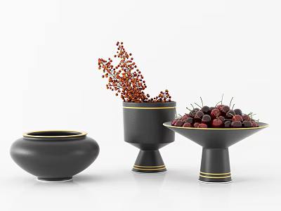 Decorative Ornament Set Black Containers With Gold Trim Red Berries And Twigs For Home Decor 3d model