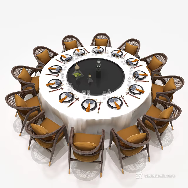 Round Dining Table Set With Wicker Chairs Brown Cushioned Seats White Tablecloth Wine Glasses Tableware 3d model 