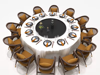 Round Dining Table Set With Wicker Chairs Brown Cushioned Seats White Tablecloth Wine Glasses Tableware 3d model