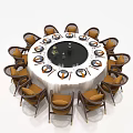 Round Dining Table Set With Wicker Chairs Brown Cushioned Seats White Tablecloth Wine Glasses Tableware