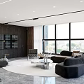 Modern Office Interior With Large Windows City View Dark Sofas And Marble Coffee Table Lighting 3d model