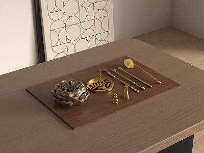 Modern Golden Tea Set On Wooden Tray With Decorative Elements And Tabletop 3d model