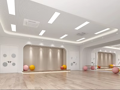 Modern Spacious Fitness Studio With Mirror Walls Wooden Flooring Colorful Exercise Balls And Strip Lights 3d model