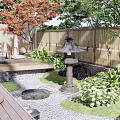 Traditional Courtyard Garden With Stepping Stones Wooden Deck Red Maple Tree And Stone Lantern