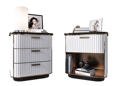 Modern Elegant White Gold Bedside Tables With Three Drawers Table Lamp And Photo Frame 3d model