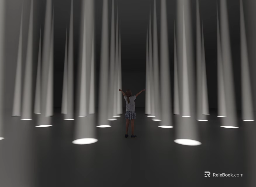 Immersive Art Installation Featuring Tall White Columns Circular Floor Lights And Person With Outstretched Arms 3d model 