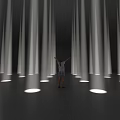 Immersive Art Installation Featuring Tall White Columns Circular Floor Lights And Person With Outstretched Arms