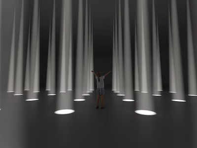 Immersive Art Installation Featuring Tall White Columns Circular Floor Lights And Person With Outstretched Arms 3d model