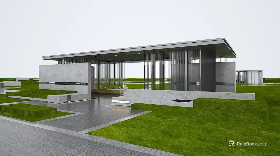 Modern Garden Landscape With Building Lawn Stone Path Steps Metal Frames And Glass Windows 3d model 
