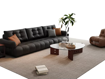 Modern Black Leather Sofa and Glass Top Coffee Table Set with Armchair Plant and Cushions 3d model
