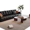 Modern Black Leather Sofa and Glass Top Coffee Table Set with Armchair Plant and Cushions